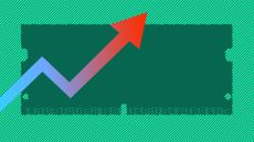 An illustration of a rising price arrow, going from blue to red in color, set against a dark green outline of a RAM chip against a striped bright green background. 