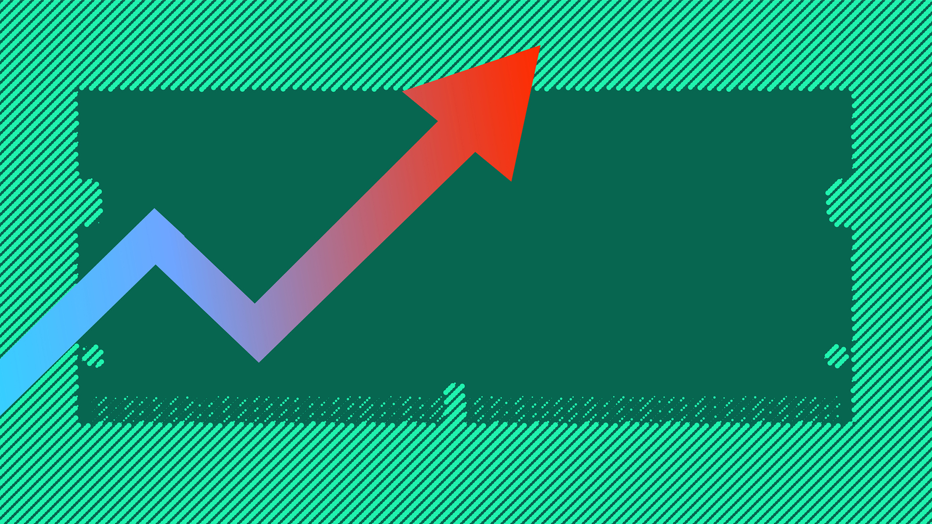 An illustration of a rising price arrow, going from blue to red in color, set against a dark green outline of a RAM chip against a striped bright green background. 