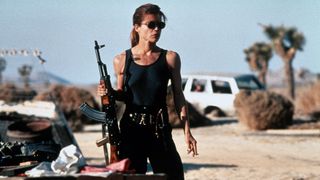 Linda Hamilton with a rifle in Terminator 2: Judgment Day