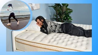 A girl wearing black and white pyjamas asleep on Saatva Classic mattress overlaid 