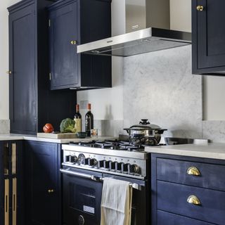 gas range cooker in blue kitchen with steel hood