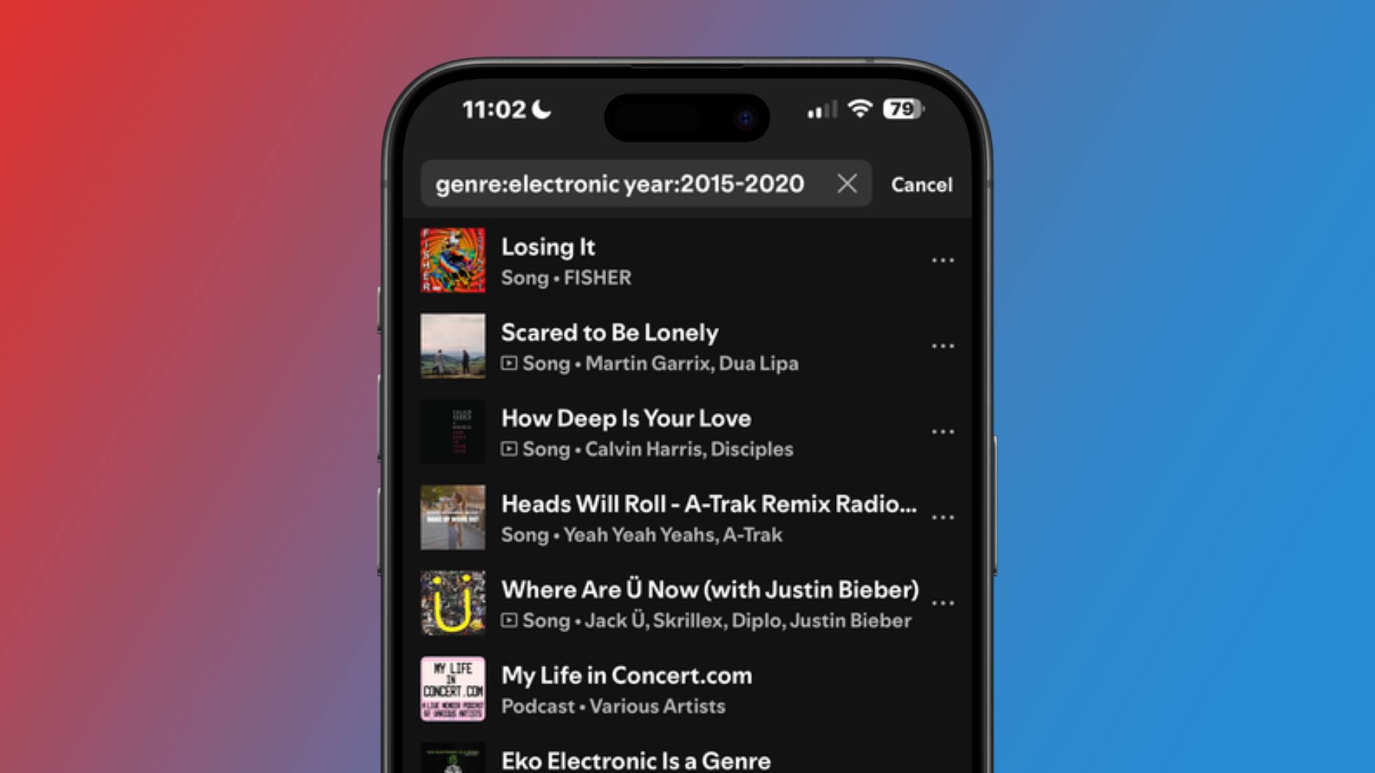 The Spotify search bar on iPhone with search filters narrowing down result by genre and decade