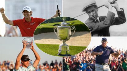 Golfers and the PGA Championship trophy in a montage