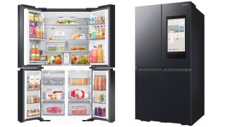 Samsung 4-Door French Door Refrigerator with AI Family Hub on a white background