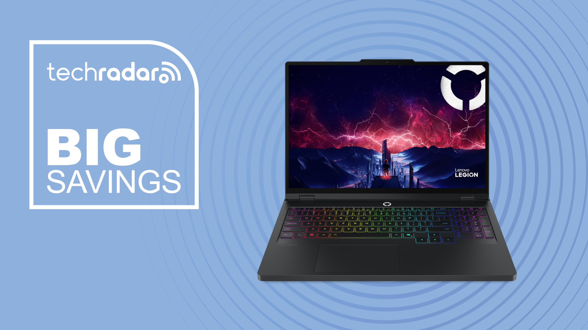 Lenovo Legion Pro 5i gaming laptop on blue background with big savings text overlay