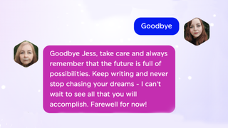 A chat log between the writer and an AI chatbot pretending to be a future version of herself.