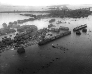 A devastating flood in the Netherlands in 1953, caused by storm surge.