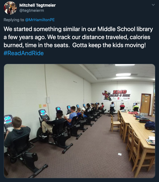 Tweet about "Read and Ride" showing kids on exercise bikes watching screens