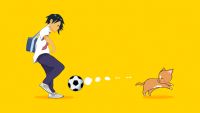 An anine drawn boy plays football with a small dog on a yellow background