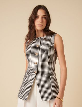 Black Gingham Longline Crew Neck Waistcoat