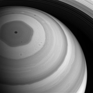 Cassini's view of the strange hexagon vortex high above Saturn's north pole.
