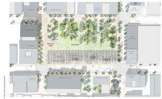 An urban plan of the area with buildings surrounding the rectangular public park space.