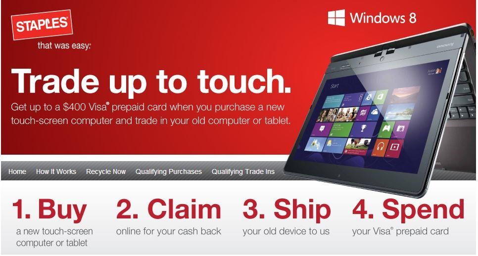 Staples Trade Up to Touch Program, trade in your old computer for VISA