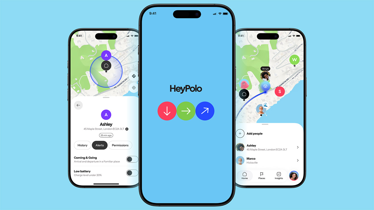 HeyPolo logo and app displayed on three phones, on a blue background