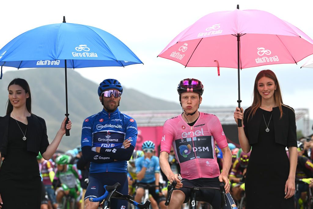 CAPUA ITALY MAY 12 LR Thibaut Pinot of France and Team Groupama FDJ Blue Mountain Jersey and Andreas Leknessund of Norway and Team DSM Pink Leader Jersey prior to 106th Giro dItalia 2023 Stage 7 a 218km stage from Capua to Gran Sasso dItalia Campo Imperatore 2123m UCIWT on May 12 2023 in Capua Italy Photo by Tim de WaeleGetty Images