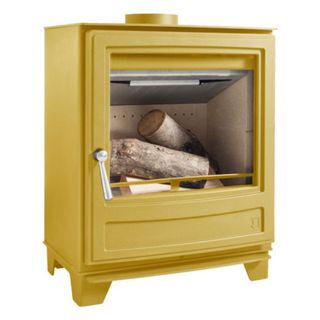 A yellow traditional style wood burning stove 