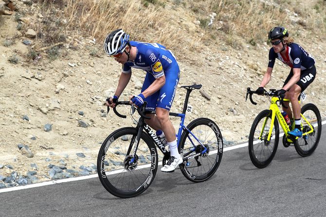 Deceuninck-QuickStep's Remi Cavagna leads breakaway companion Alex Hoehn (USA National Team) on stage 3 of the 2019 Tour of California