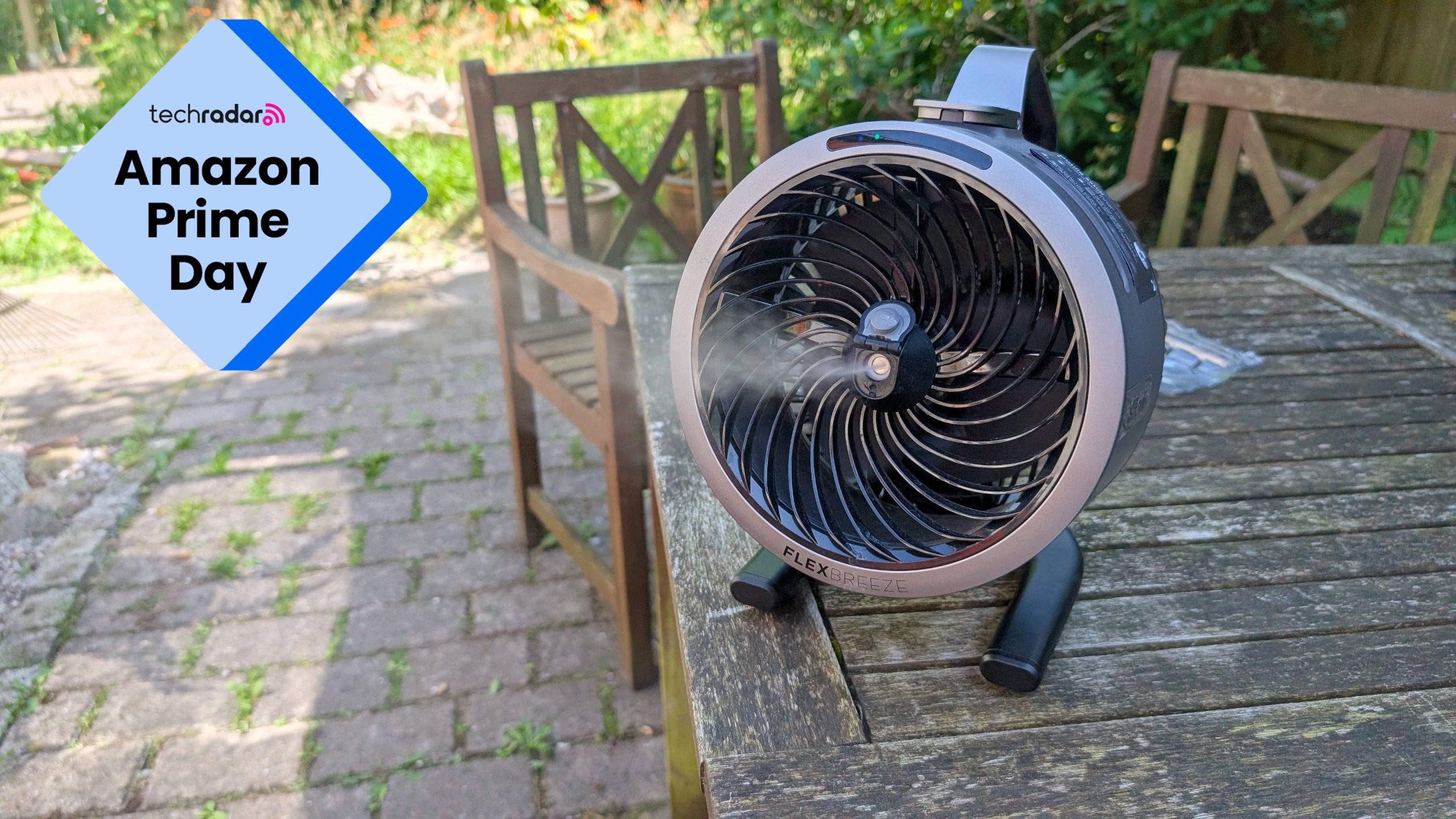 A Shark FlexBreeze HydroGo on an outdoor table with a Prime Day badge