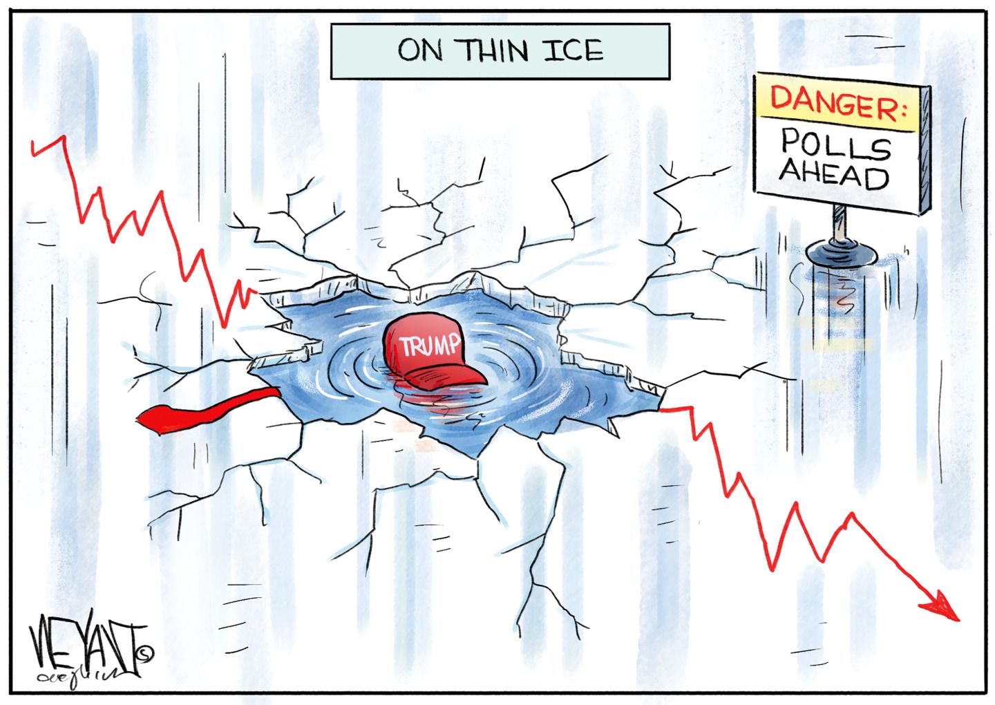
                                This cartoon is titled “ON THIN ICE.” A “Trump” hat floats on a small patch of water that has appeared on a frozen lake where the ice has cracked. A sign nearby reads, “DANGER: POLLS AHEAD.”
                            