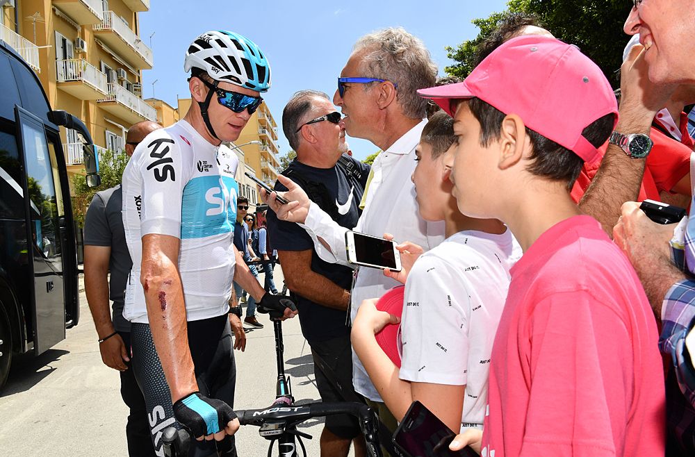 Chris Froome (Team Sky) speaks to the press ahead of stage 5 of the Giro d'Italia