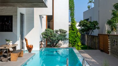 Small backyard with small narrow swimming pool