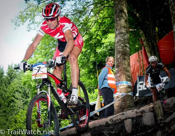 Former world champion Christoph Sauser (Specialized) riding a big drop.
