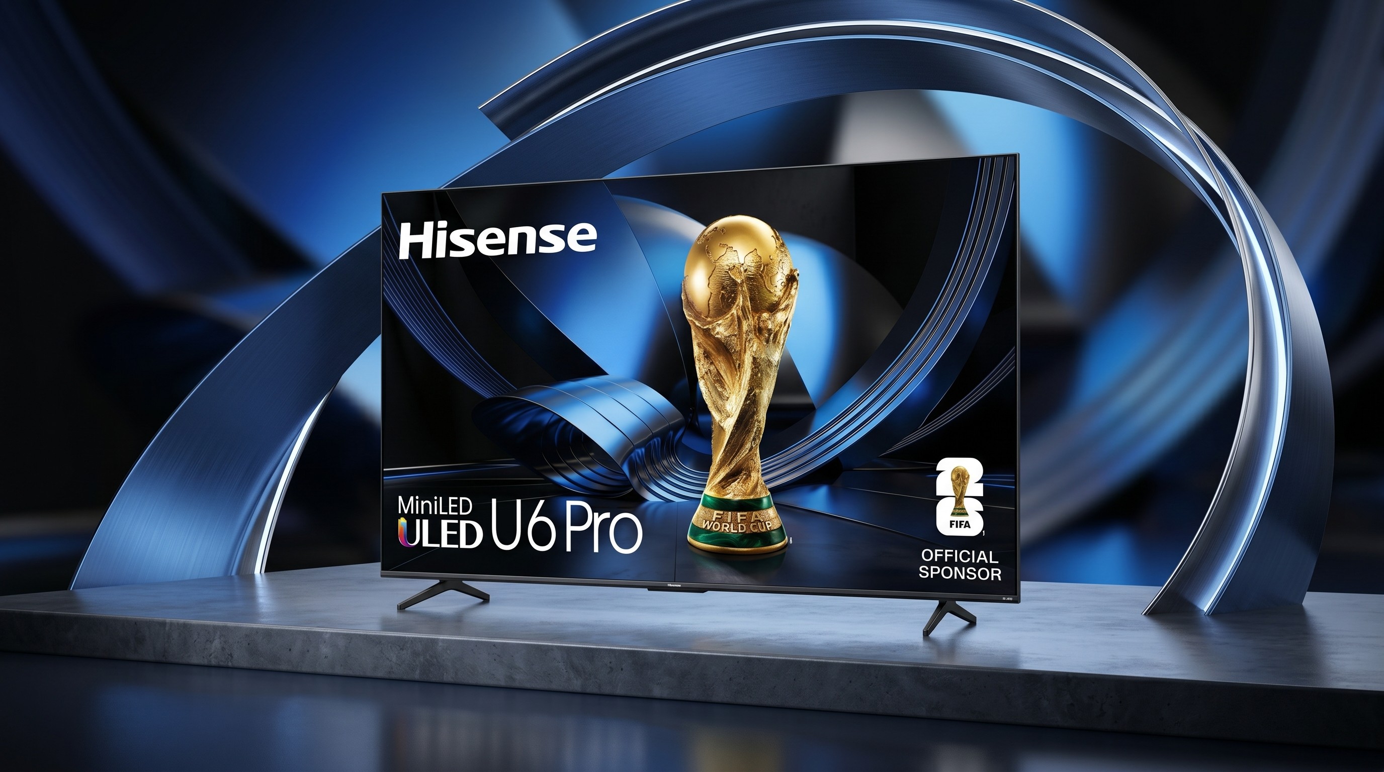 The Hisense U6 Pro TV on a stone platform surrounded by a blue arch