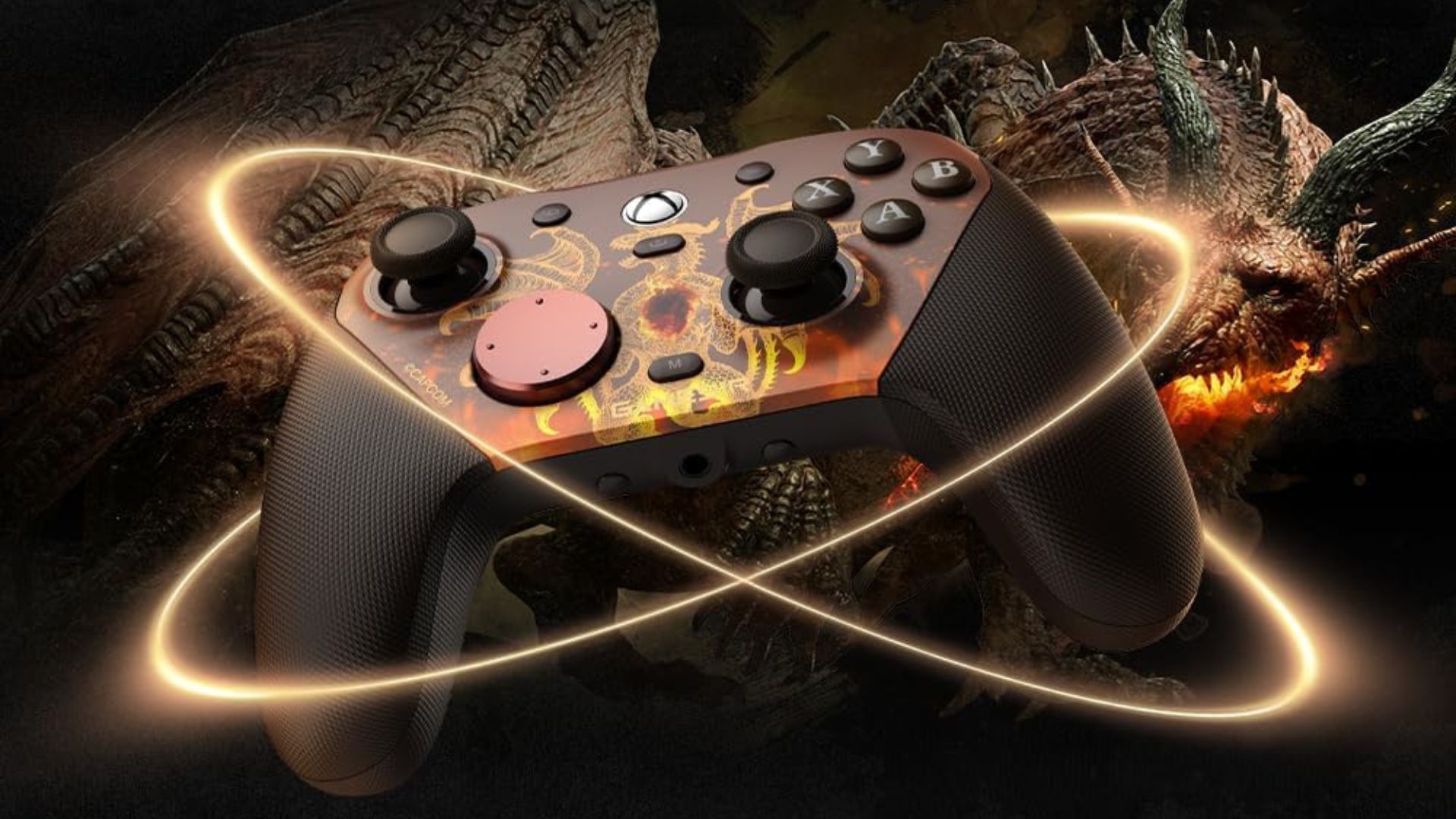 A marketing image for the Dragon's Dogma 2 Edition of the GameSir G7 Pro with a dragon behind it