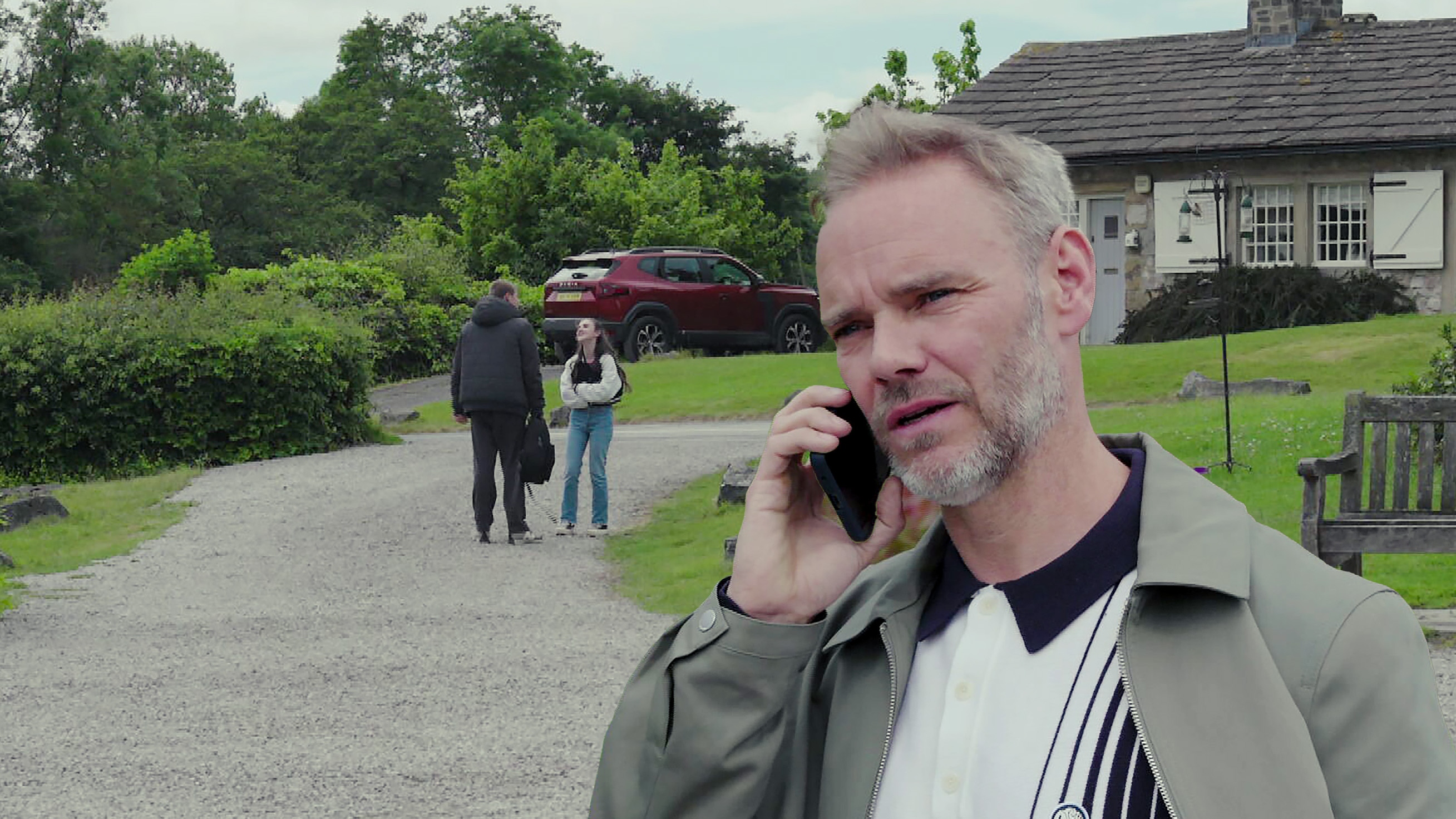 Ray on his phone and Dylan and April in the background