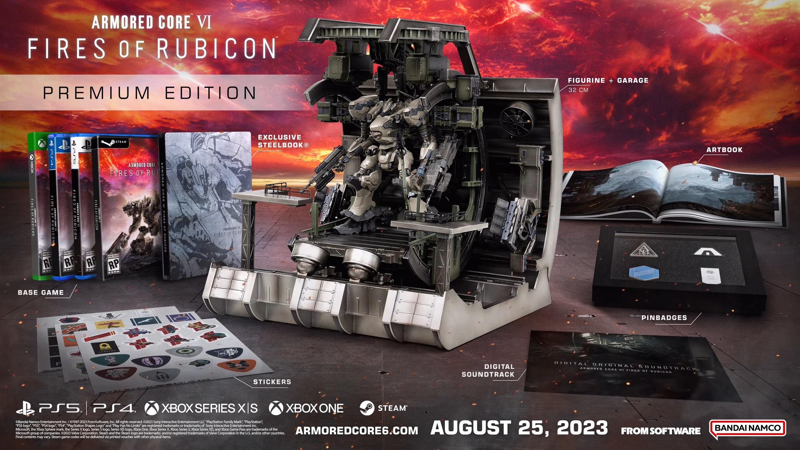 Armored Core 6 premium edition featuring a giant mecha statue inside a garage