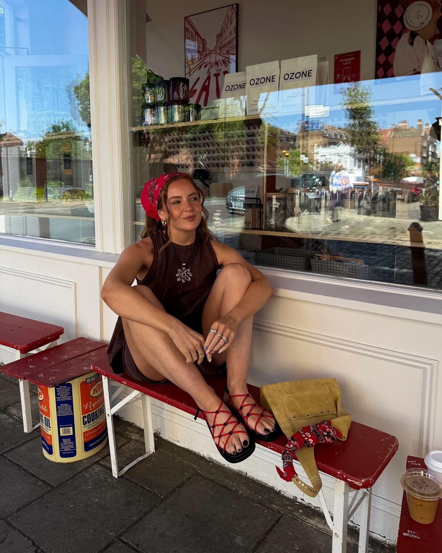 Influencer Rebecca wears a brown Free People set and Intentionally Blank sandals.