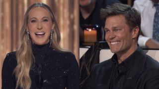 Side-by-side of Nikki Glaser smiling while telling jokes on stage during the Roast of Tom Brady, Tom Brady smiling during Drew Bledsoe joke