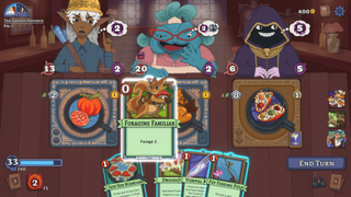 Three fantasy characters sit in front of their meals while laying cards on the table 