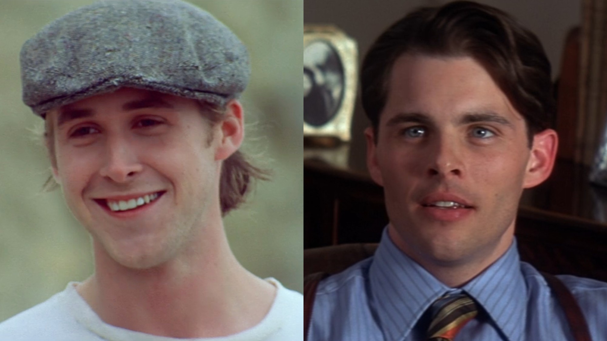 From left to right: Ryan Gosling smiling in The Notebook and James Marsden looking hopeful in The Notebook. 