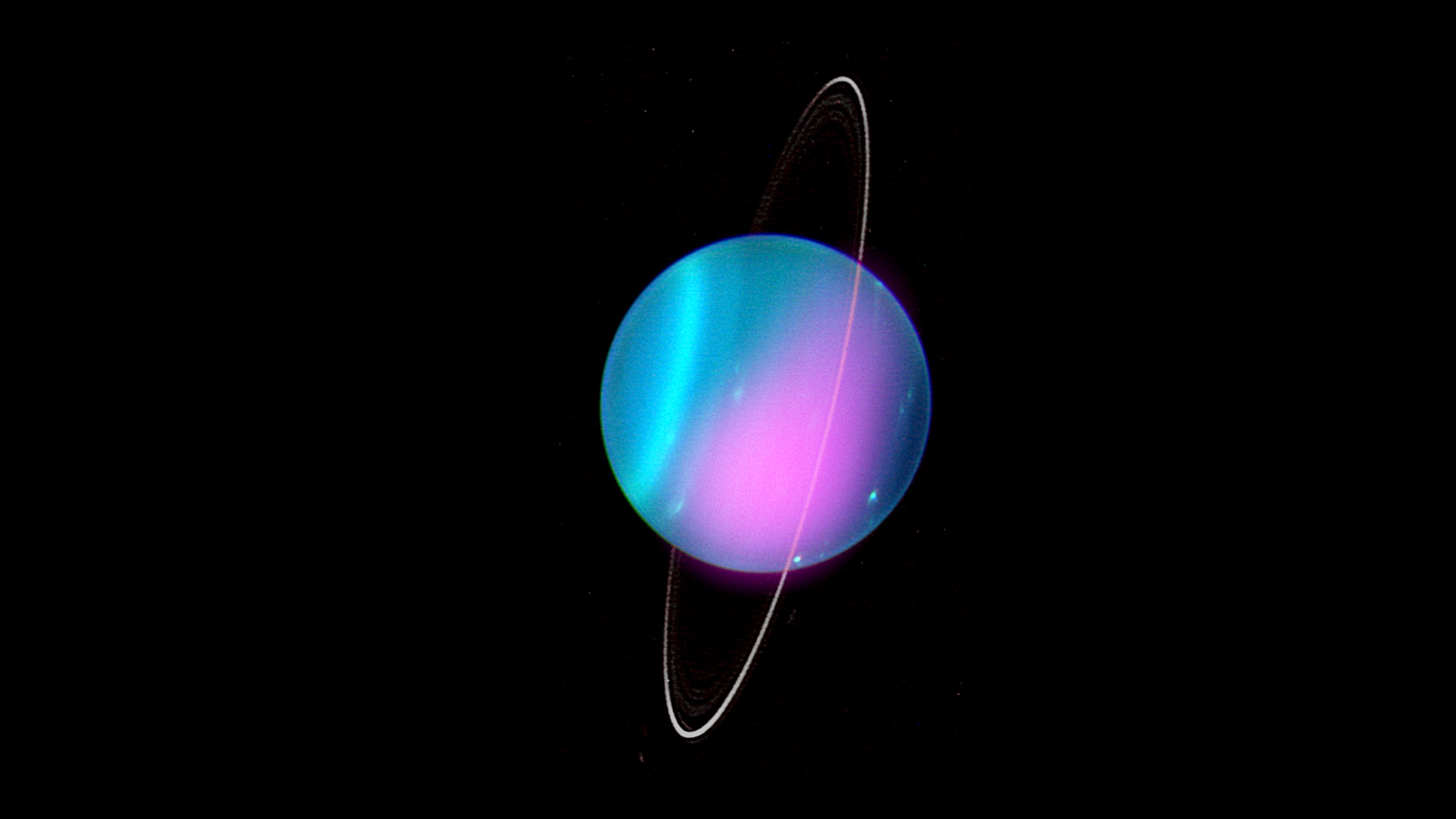 Blue pink Uranus surrounded by a thin ring structure.
