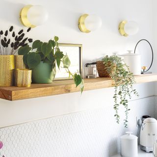 wooden shelving with potted plants and circular wall lights above and white tiles below