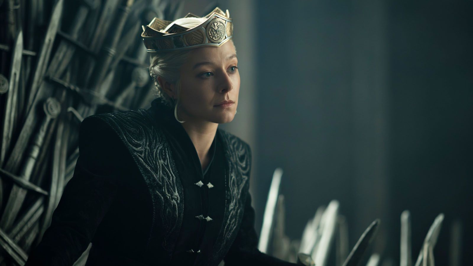 A stern looking Rhaenyra sitting on the Iron Throne in House of the Dragon season 3 episode 6