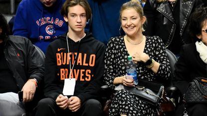Kate Hudson and her son Ryder Robinson attend a basketball game between the Los Angeles Clippers and the Portland Trail Blazers at Staples Center on November 07, 2019 in Los Angeles, California