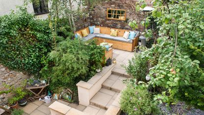 tiered garden ideas: steps leading to seating area