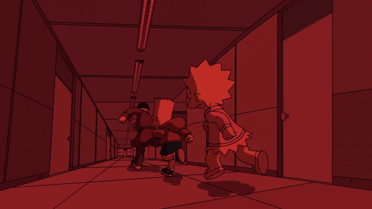 Duffman, Bart and Lisa running through red hallway in The Simpsons "Seperance" Severance spoof