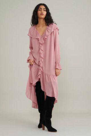 Nobody's Child Pink Chiffon Ruffle Trim Koko Midi Smock Dress