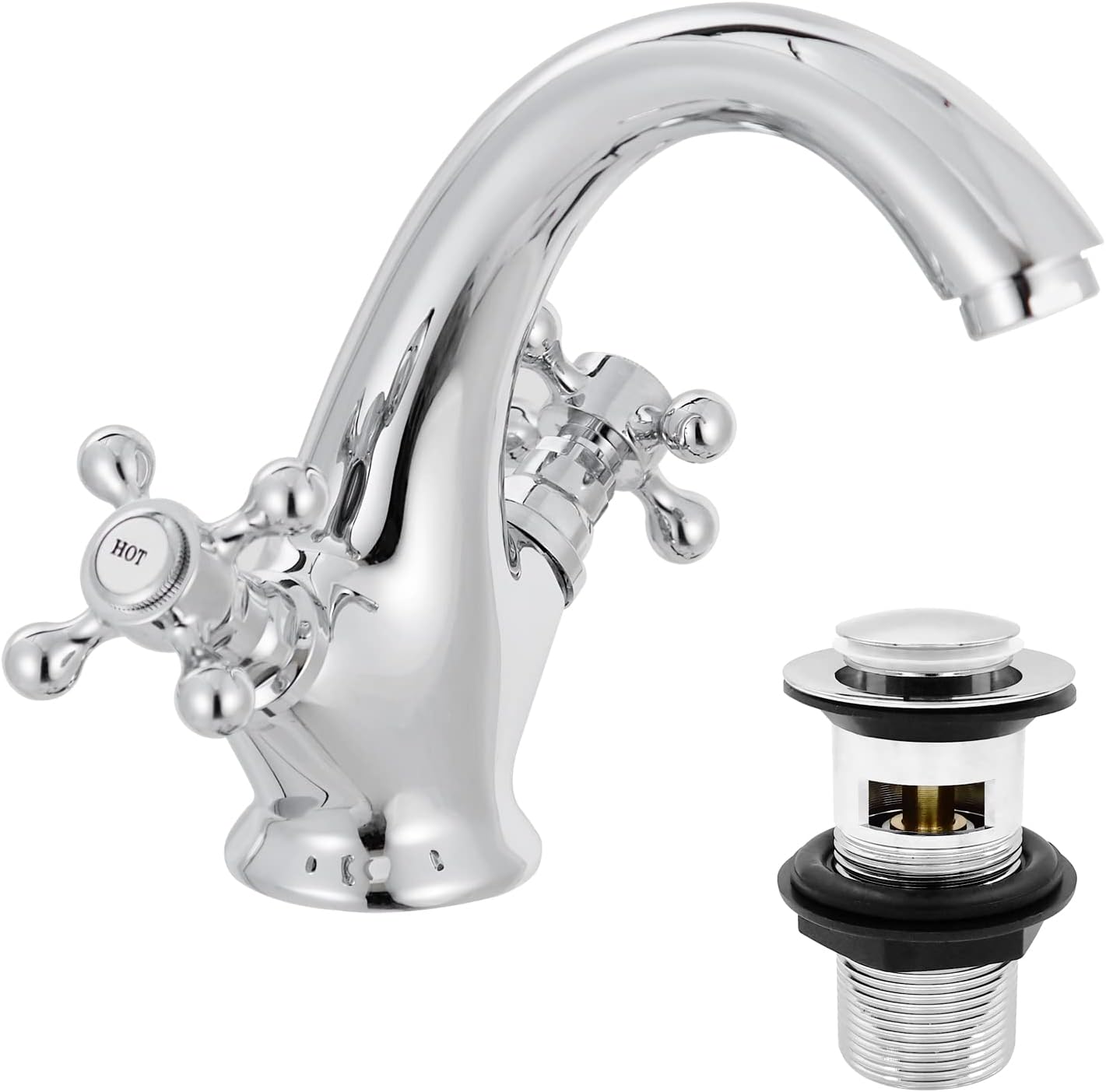 Victoria Bathroom Sink Tap for Basin With Pop Up Sink Plug Dual Cross Lever Chrome Brass Swan Neck Bathroom Tap Mixer Traditional Basin Mixer Tap 662wcr