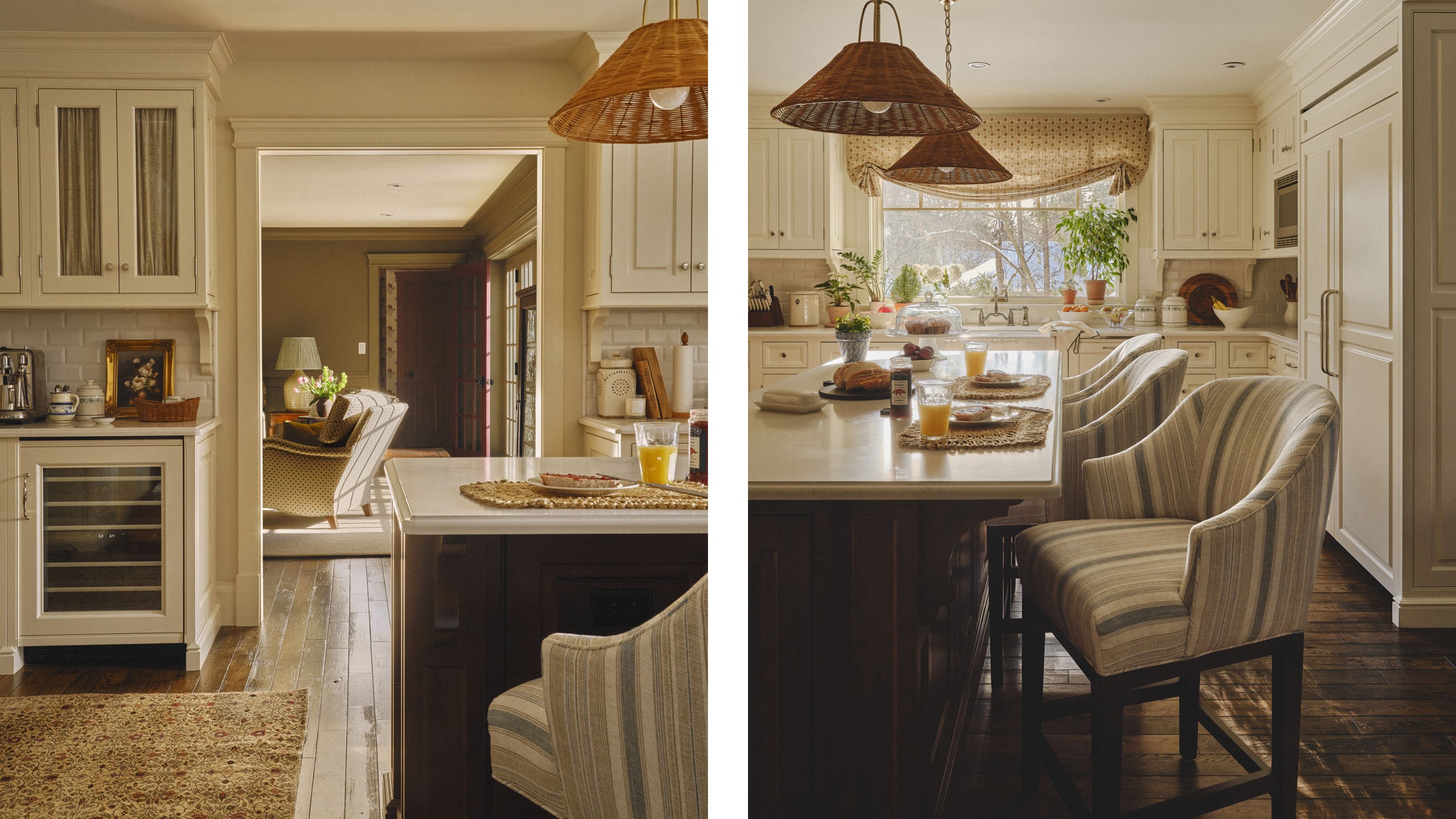 two side by side images of a neutral english style kitchen in Toronto with a dark wooden island, striped stools and vintage rugs