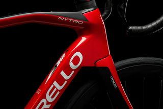 Detail of Pinarello Nytro e-road bike showing front end and downtube