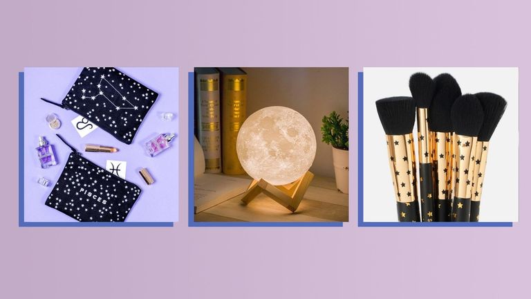A composite image of three of the best zodiac gifts showing a Moon Lamp, astrology-themed makeup brushes and astrology personalized pouch