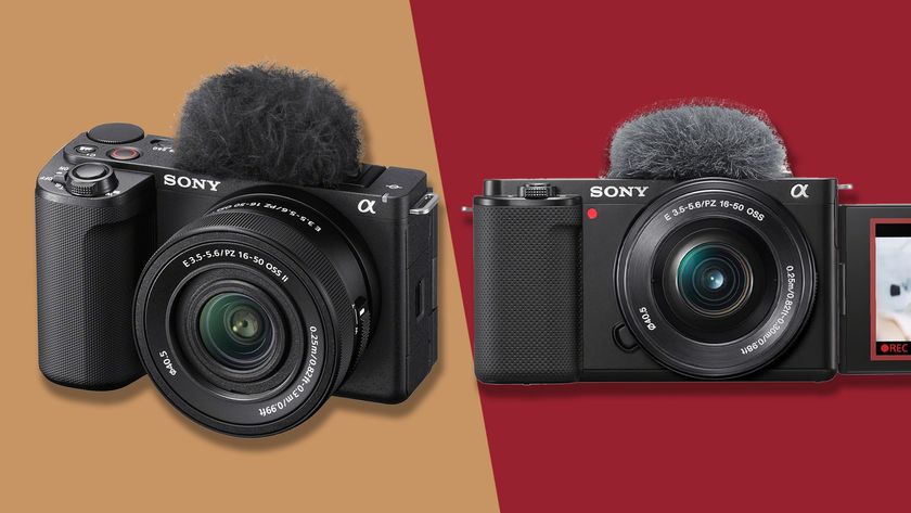 Sony ZV-E10 II alongside Sony ZV-E10 on colorful plain background