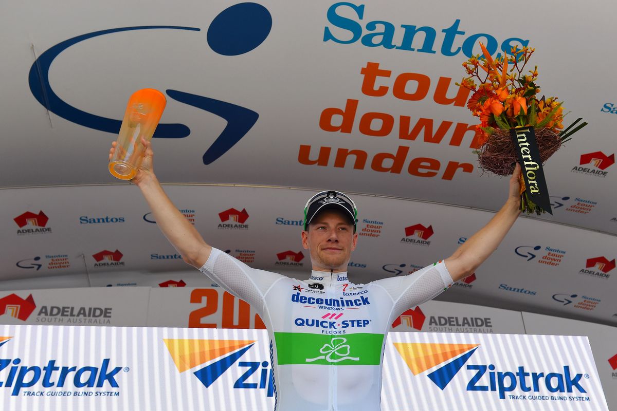 Sam Bennett on the stage 1 podium at the Tour Down Under