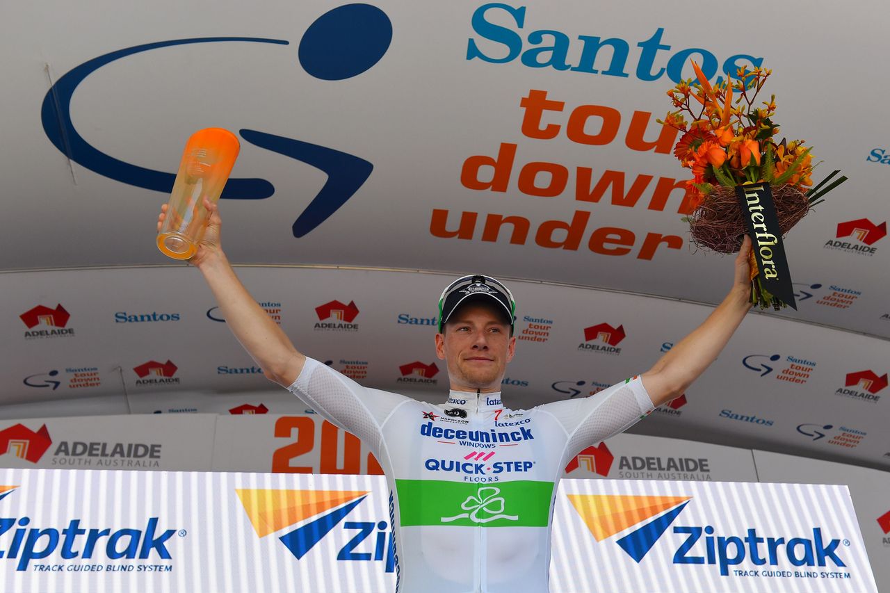 Sam Bennett on the stage 1 podium at the Tour Down Under