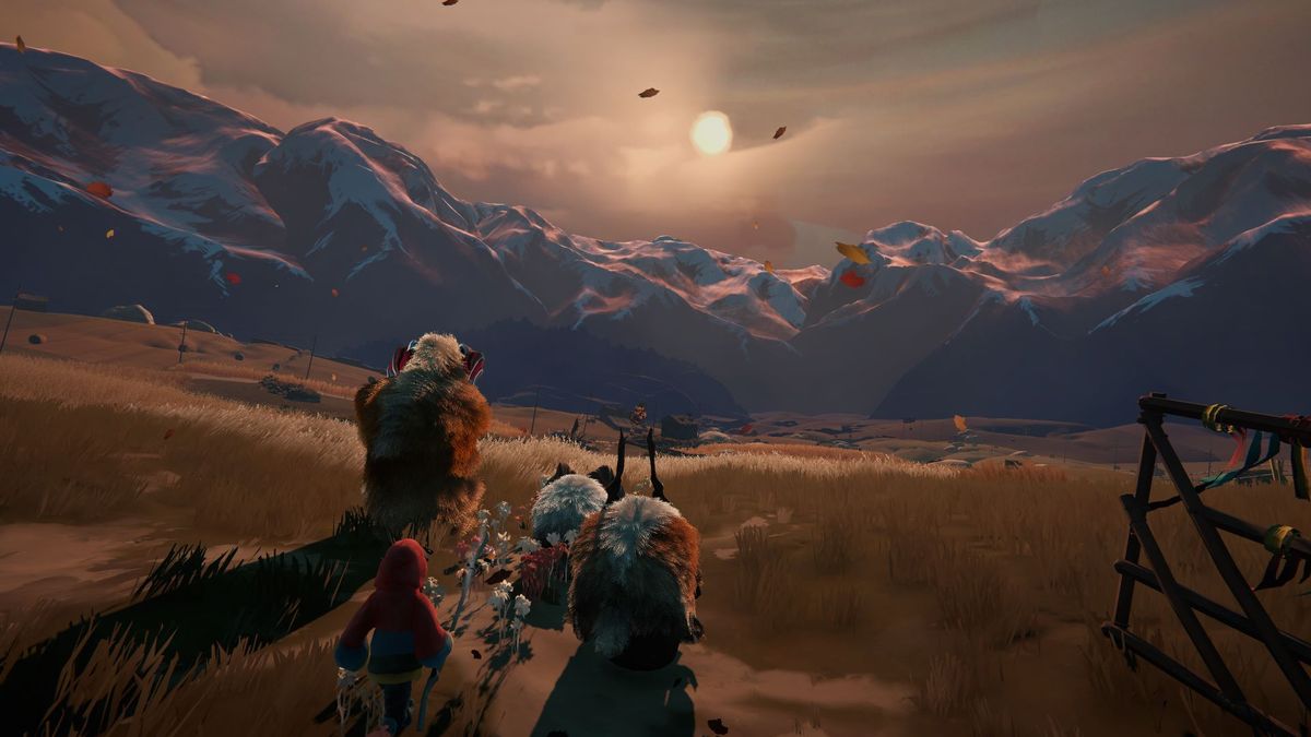 Screenshot of Herdling, showing the weird yaks heading toward a sunset horizon.