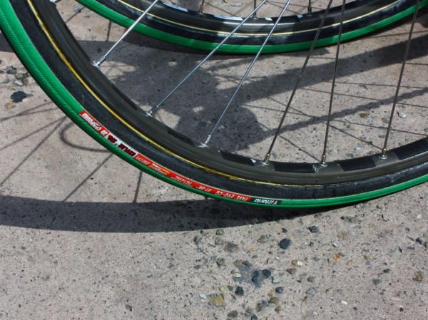 Lampre's Ambrosio aluminum box-section tubular rims were wrapped with giant 27mm-wide Vittoria rubber.